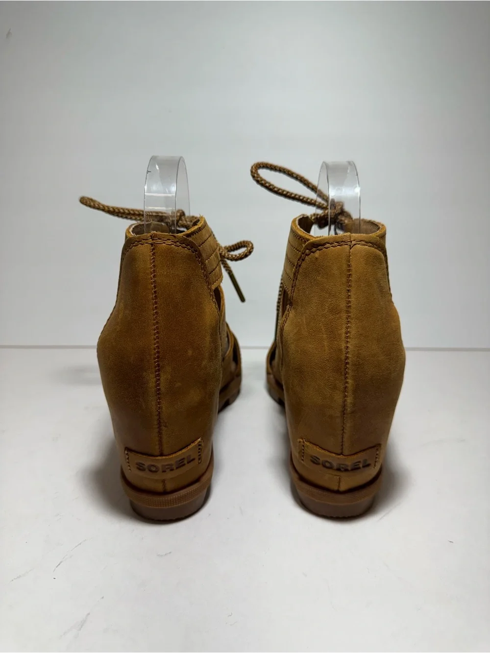 Sorel Tan Leather Joanie Il Lace Up Ankle Wedge Heel Strappy Sandals Size 9